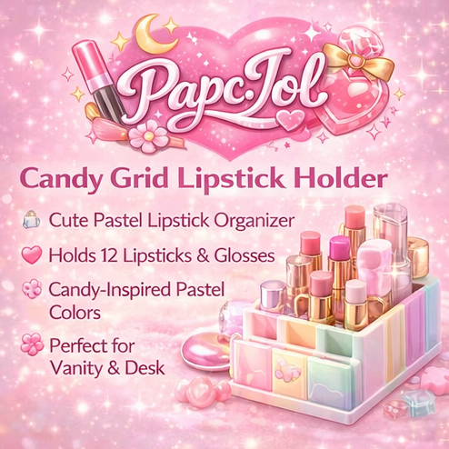 PapcJol™ Candy Grid Lipstick Holder – Pastel Multi-Slot Lipstick Organizer, Cute Dessert Style Makeup Storage