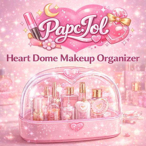 PapcJol™ Heart Dome Makeup Organizer – Pink Transparent Cosmetic Storage Case with Lid, Cute Vanity Display Box