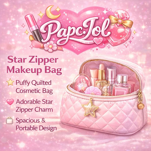 PapcJol™ Star Zipper Makeup Bag – Puffy Cosmetic Pouch with Star Charm, Cute Travel Toiletry Organizer
